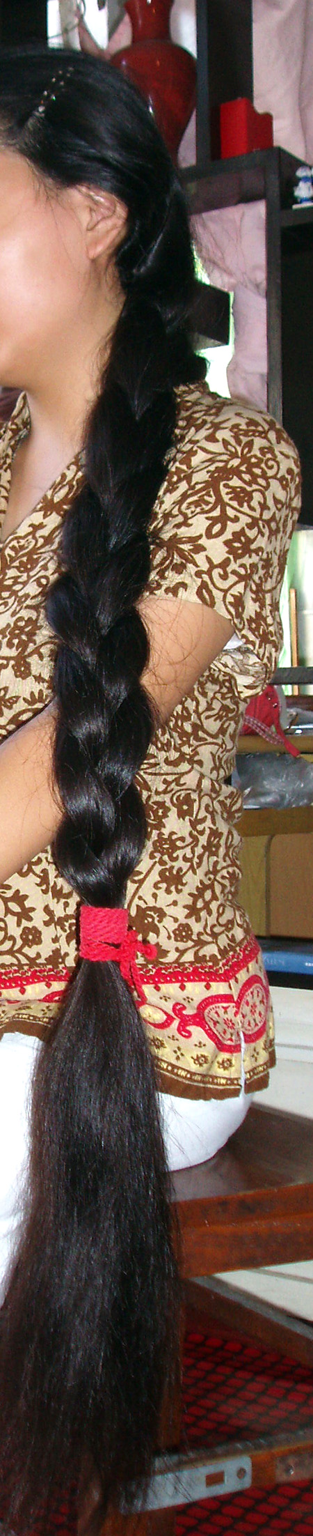 浓密粗厚的长发被编成了一条黑亮的大粗辫子